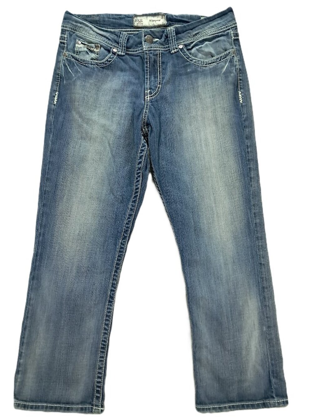 BKE Harper Jean Women 34x27, Tag 32 Crop Blue Stretch Denim Capri BKC1004